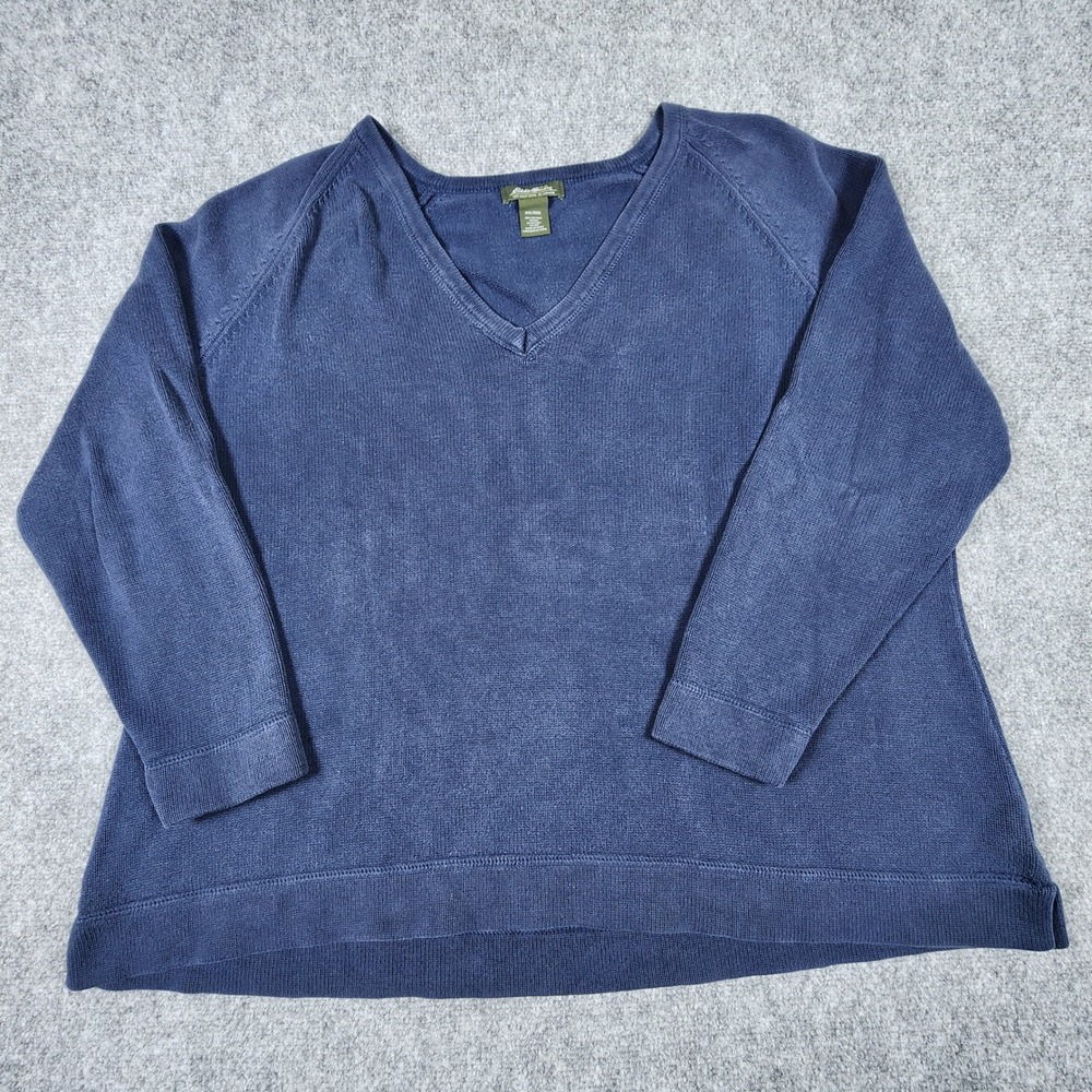 Eddie Bauer Womens XXL Blue V-Neck Raglan Long Sleeve Cotton Blend Knit Sweater‎